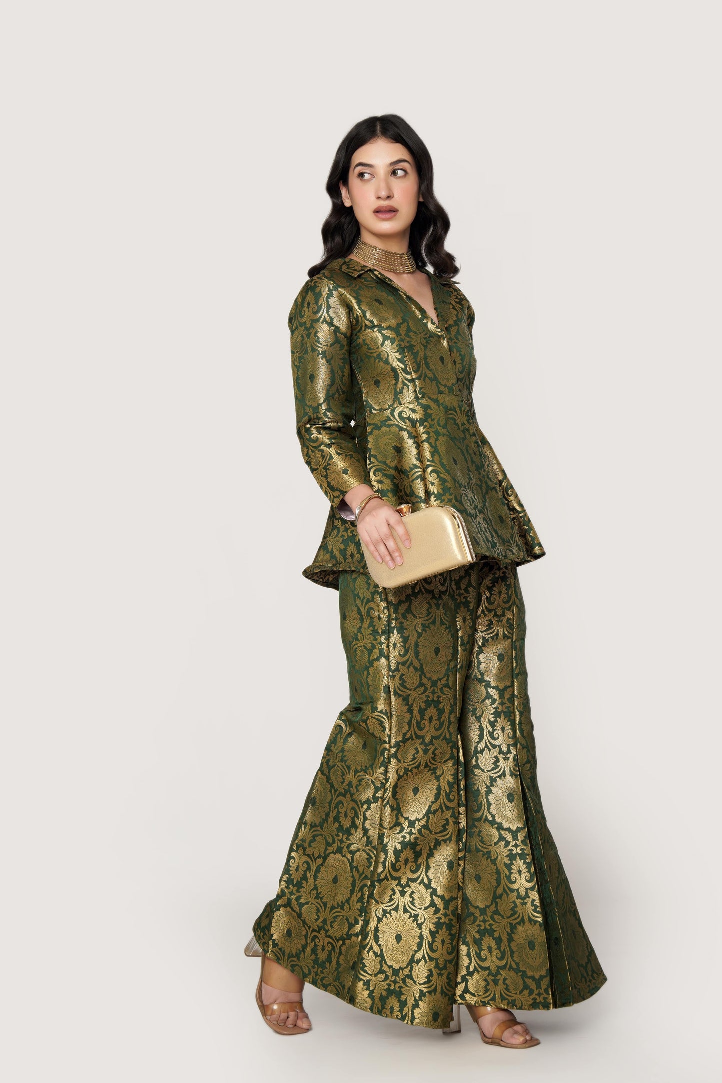Emerald Banarasi Brocade Kimono Peplum Set