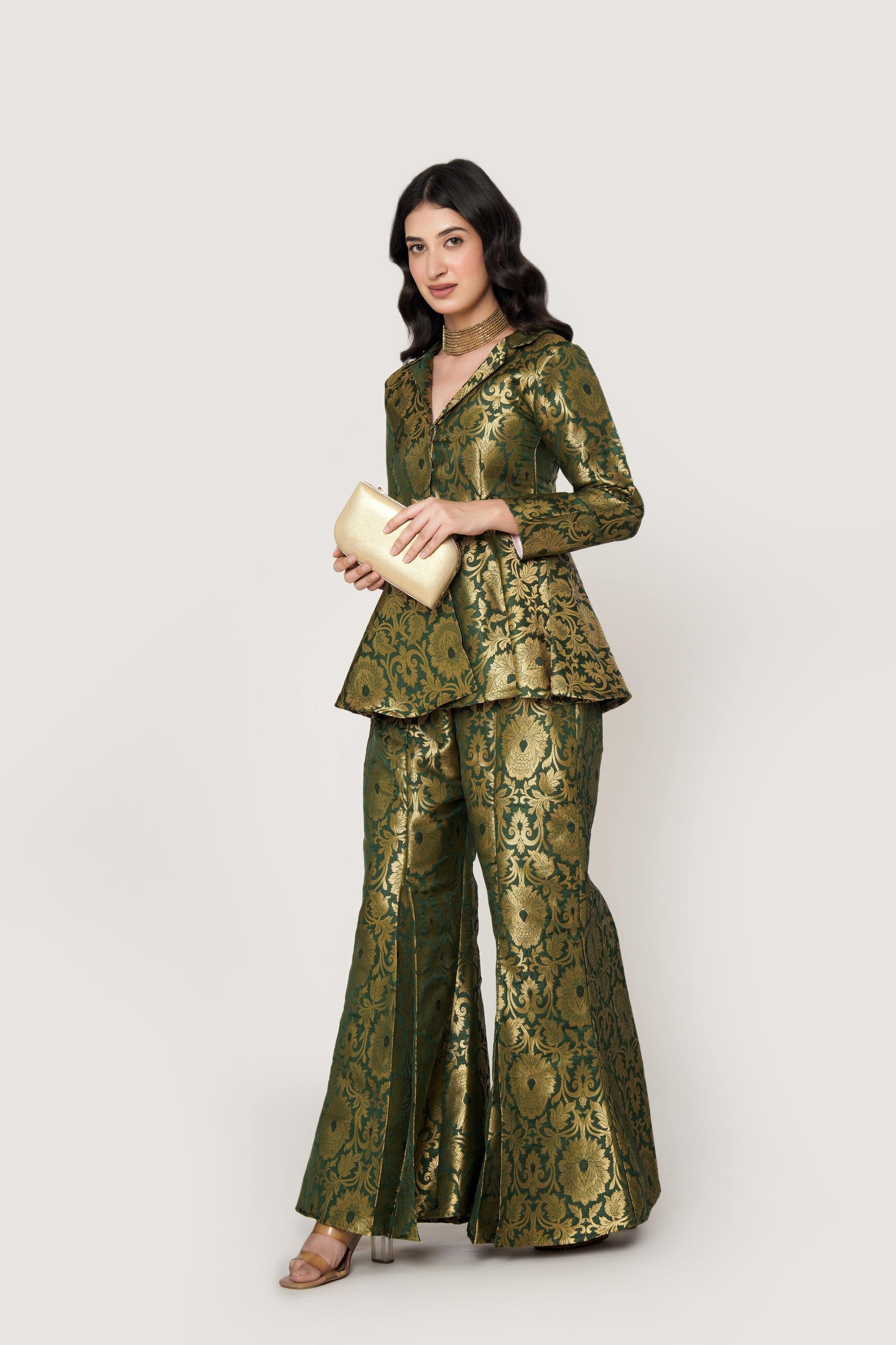 Emerald Banarasi Brocade Kimono Peplum Set