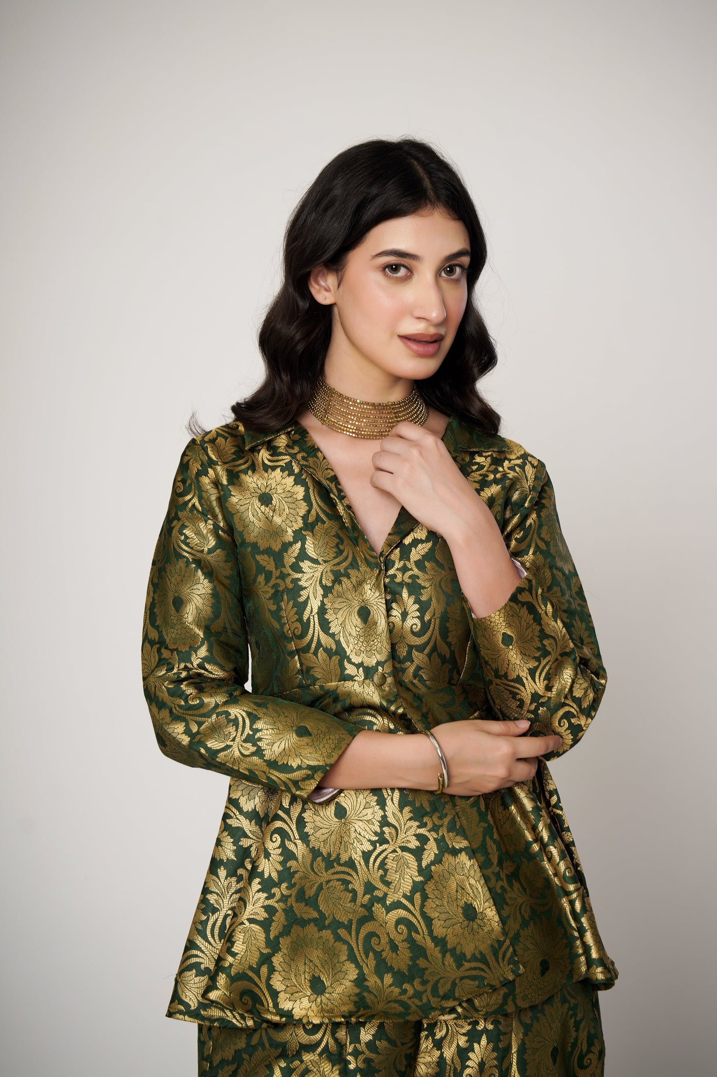 Emerald Banarasi Brocade Kimono Peplum Set