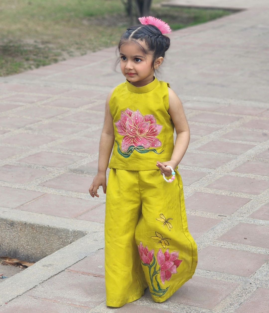Girls Premium Hand Painted Coord Set- Lime