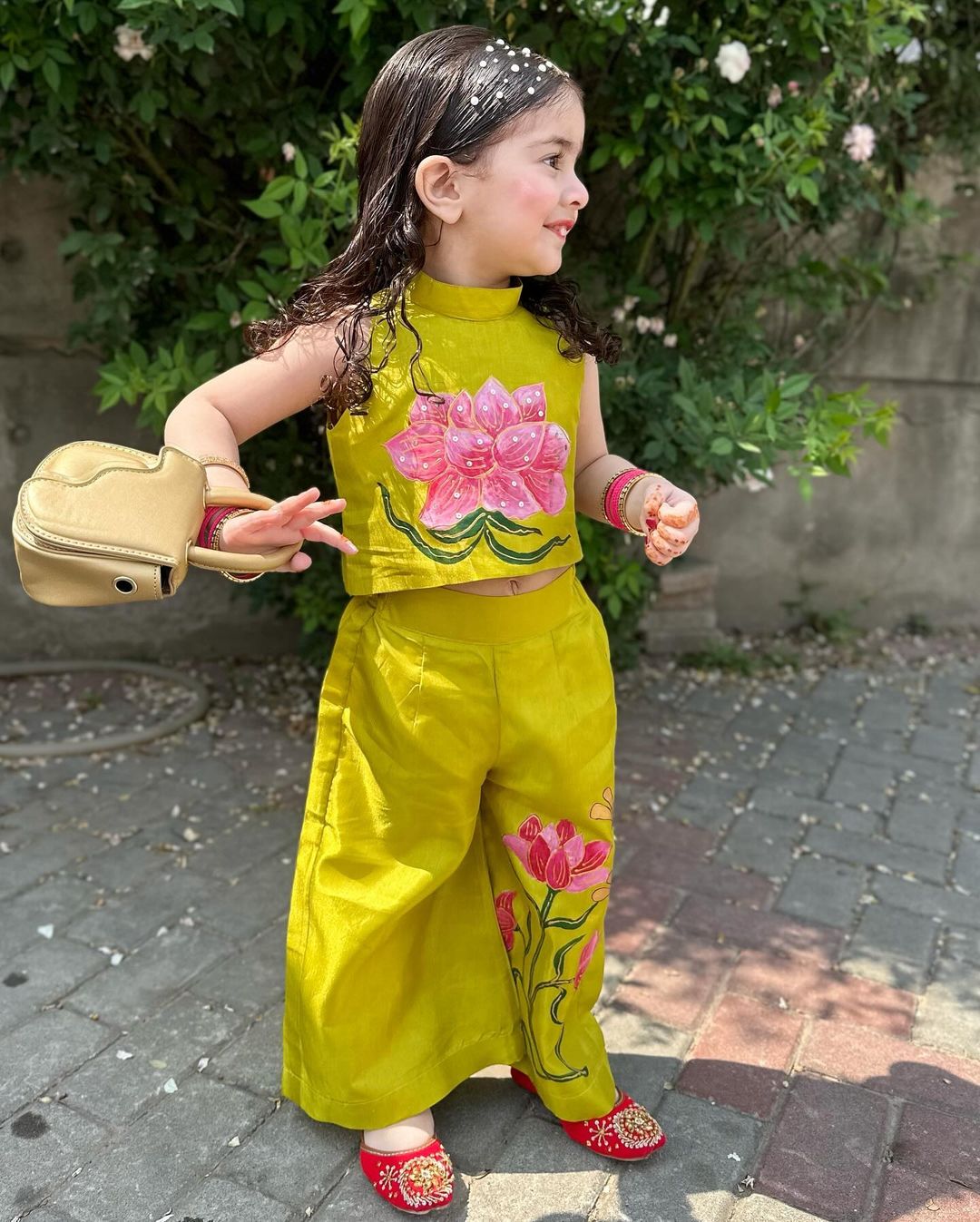 Girls Premium Hand Painted Coord Set- Lime
