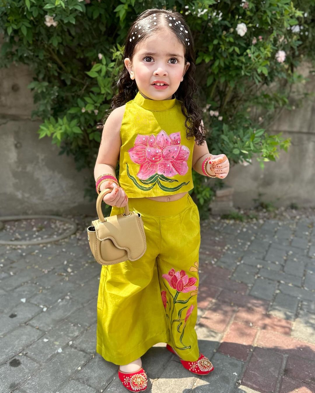Girls Premium Hand Painted Coord Set- Lime