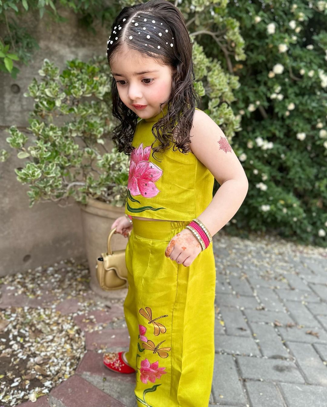 Girls Premium Hand Painted Coord Set- Lime