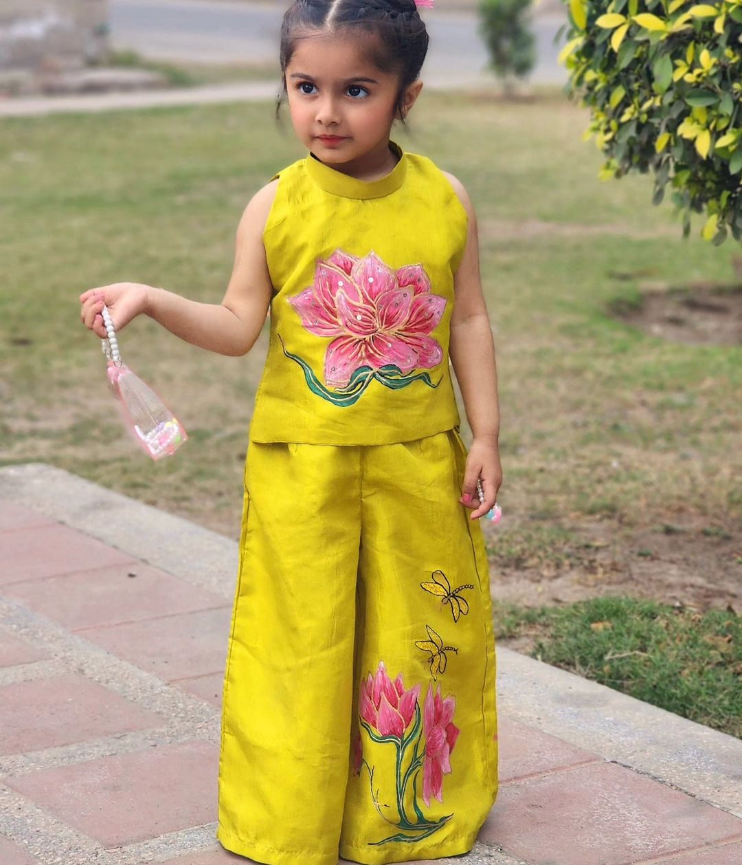 Girls Premium Hand Painted Coord Set- Lime