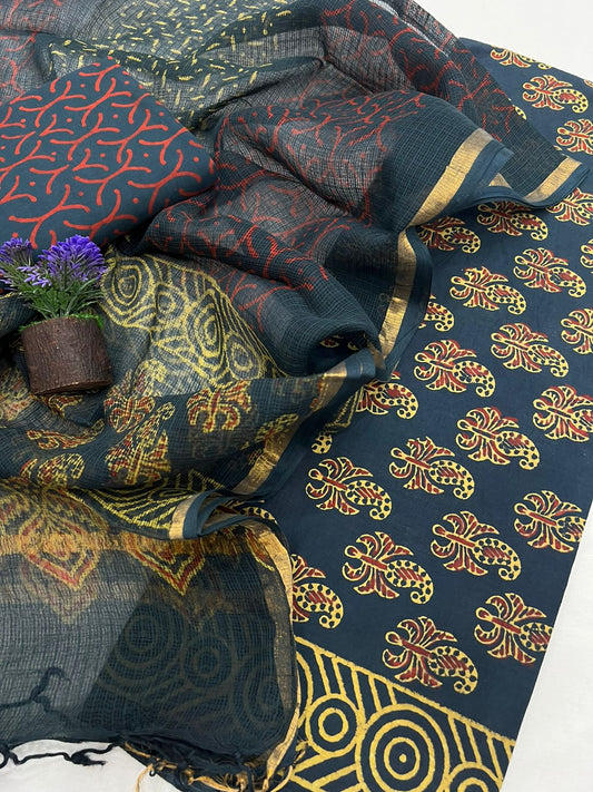 Green Traditional Block Printed Kota Doriya Dupatta suit
