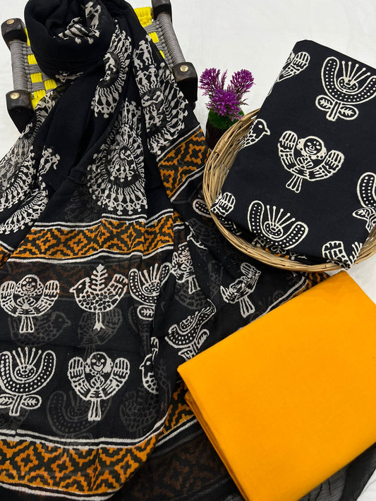 Black Cotton Suit With Chiffon Dupatta