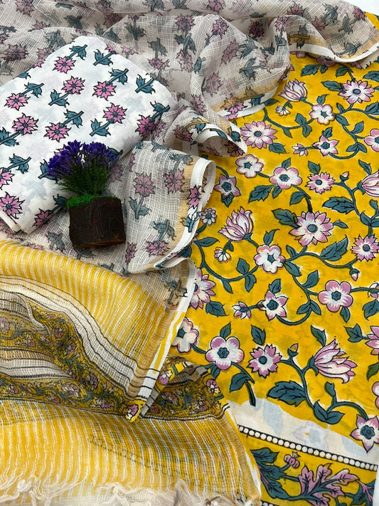 Yellow Cotton Suit Set With Kota Doriya Dupatta