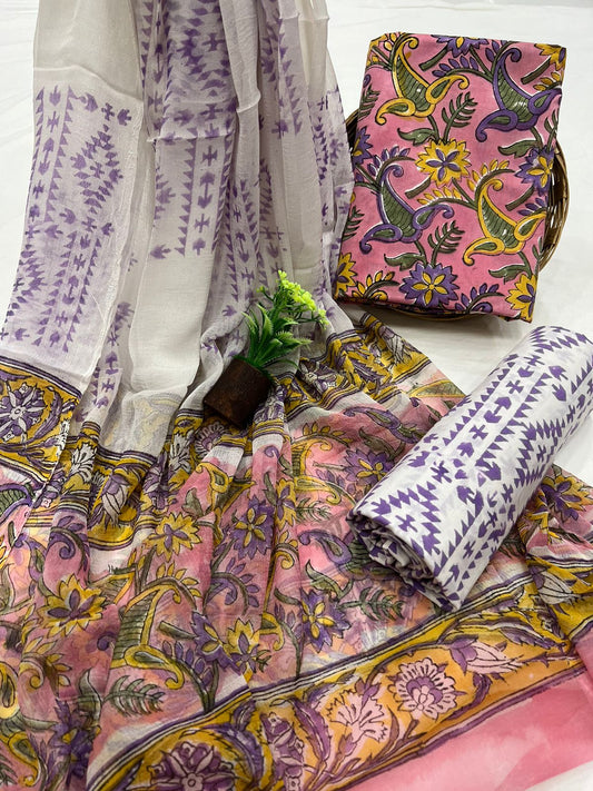 Block Printed Cotton Suit With Chiffon Suit
