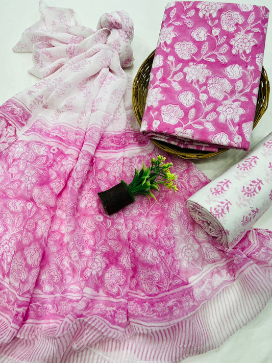 Floral Printed Cotton Suit With Chiffon Dupatta