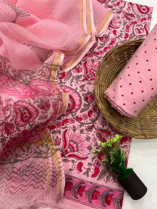 Hand Block Printed Cotton Suit with Kota Doriya Dupatta