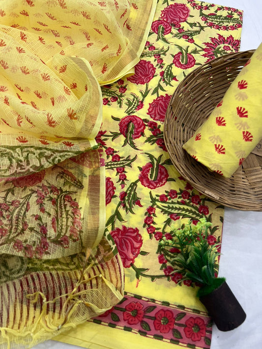 Block Printed Cotton Suit With Kota Doriya Dupatta