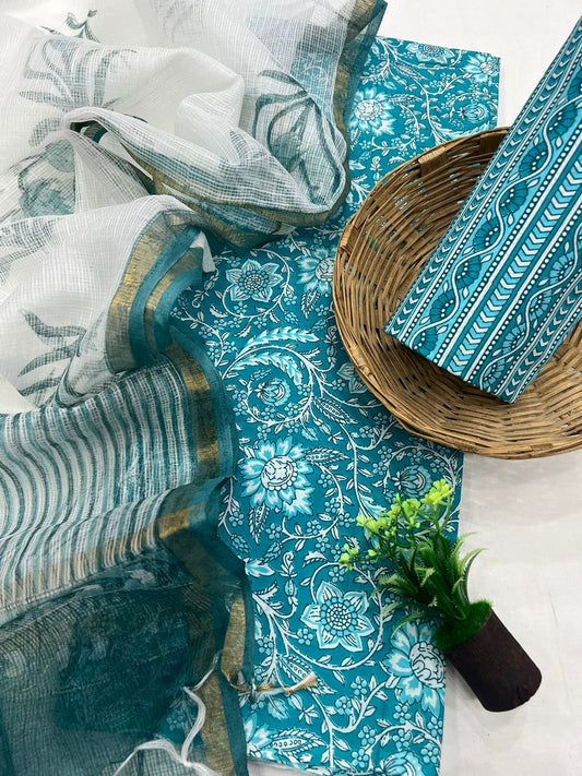 Block printed Cotton Suit Set With Kota Doriya Dupatta