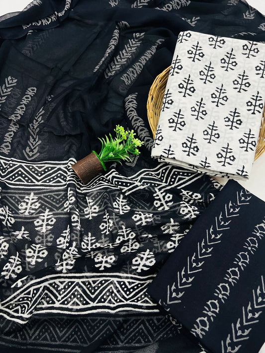 Black Contrast Cotton Suit With Chiffon Dupatta