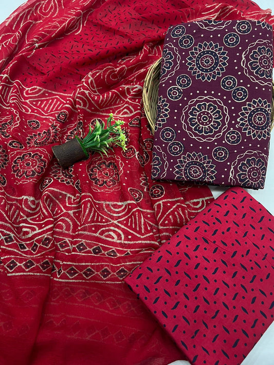 Bagru Print Cotton Suit With Chiffon Dupatta