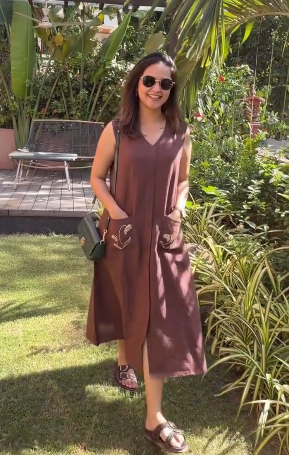 100% Pure Linen Embroidered Midi Dress