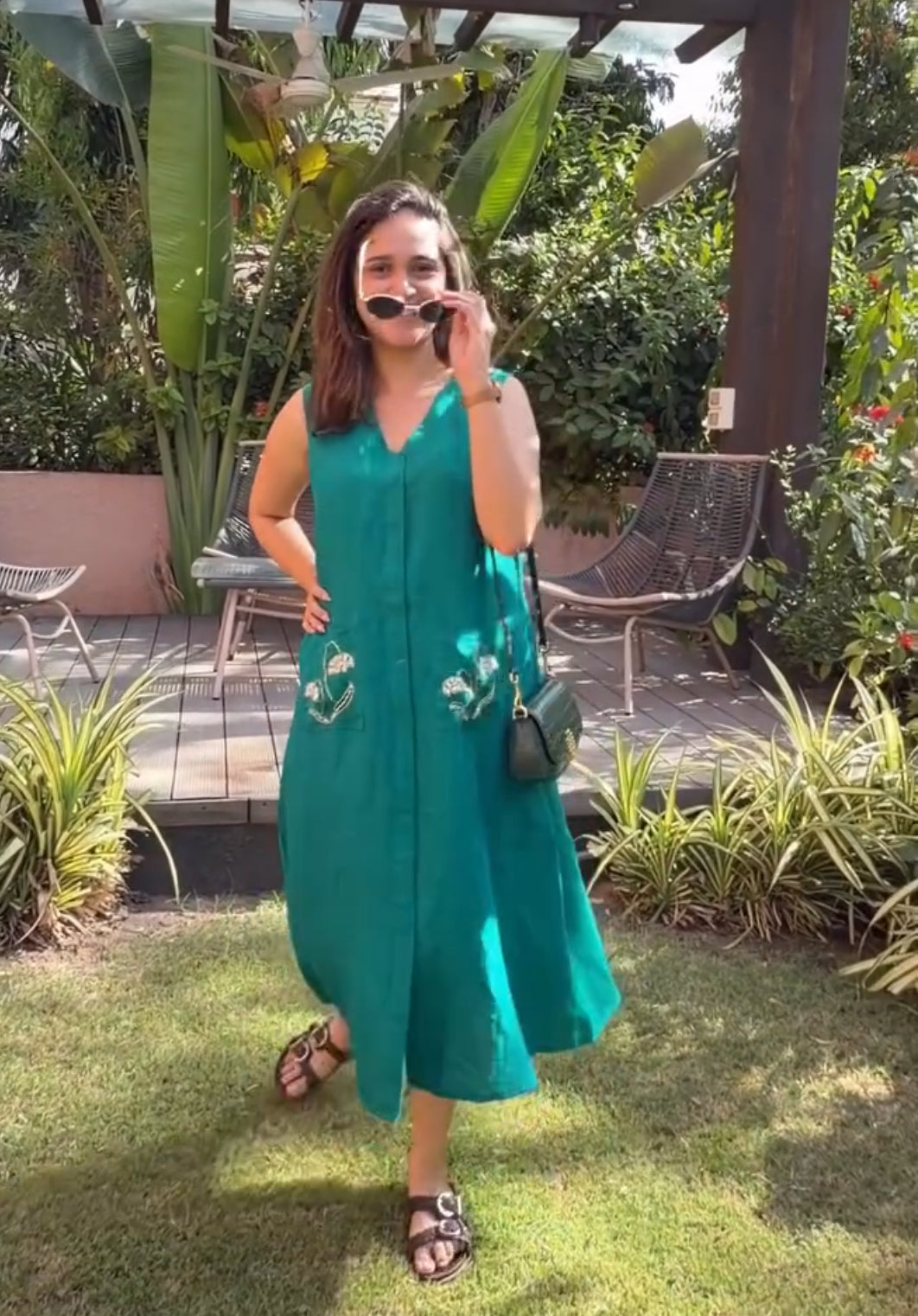 100% Pure Linen Embroidered Midi Dress