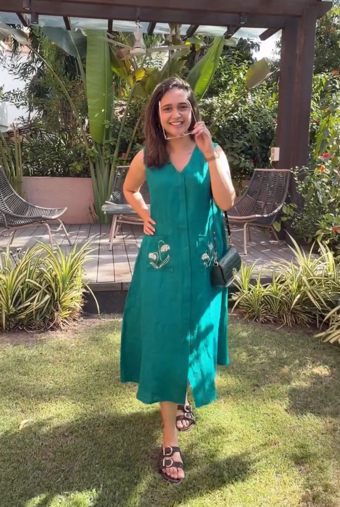 100% Pure Linen Embroidered Midi Dress
