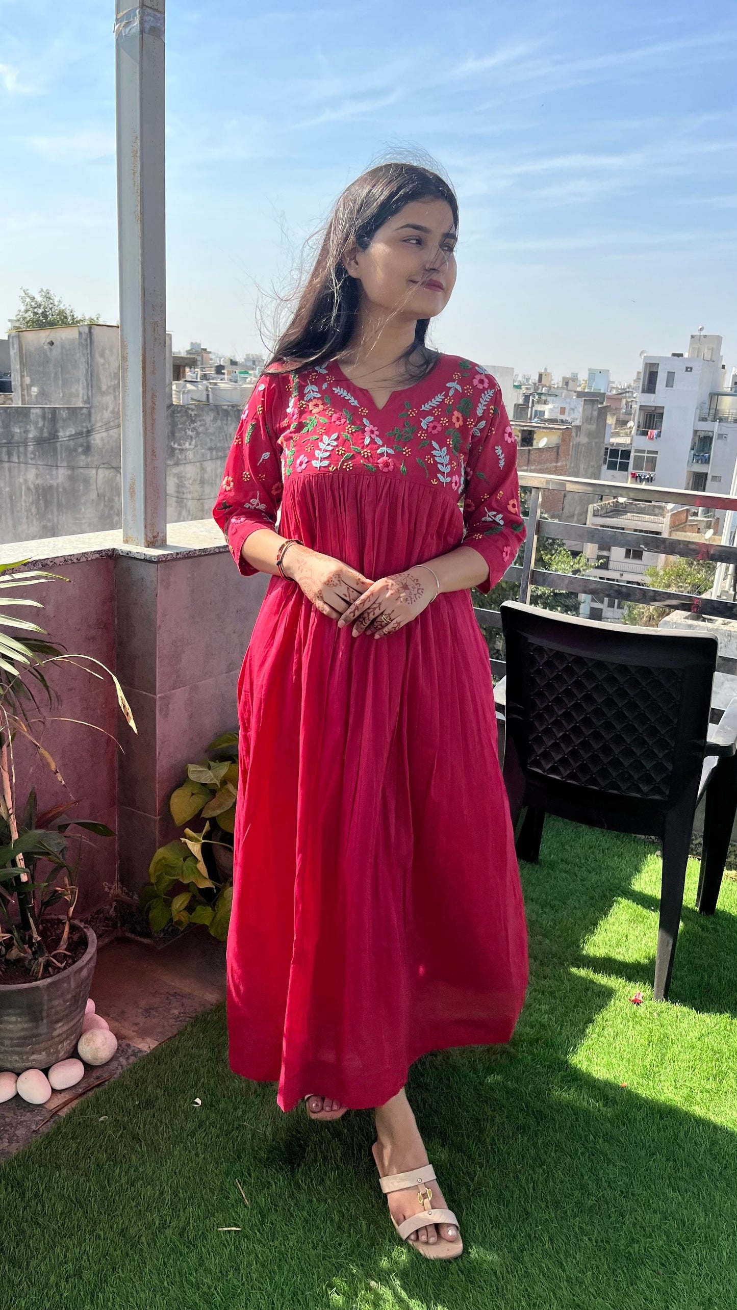 Pure Mul Cotton Dress With Pants - Fusia Pink