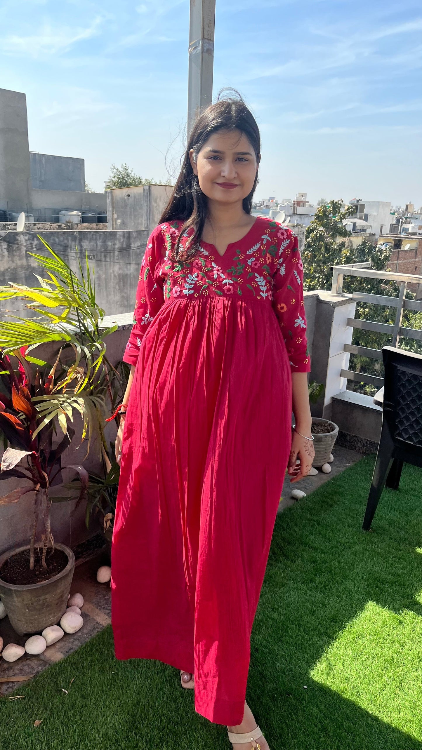 Pure Mul Cotton Dress With Pants - Fusia Pink