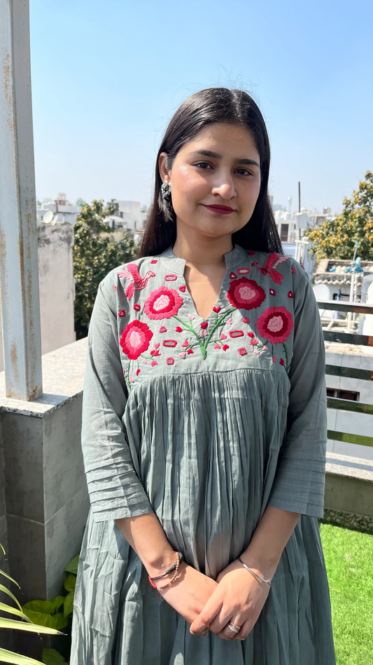 Blossom- Hand Thread Embroidery Mul Cotton Dress with Pant - Gray