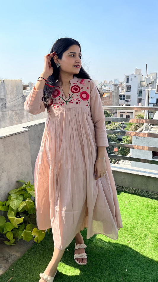Blossom- Hand Thread Embroidery Mul Cotton Dress with Pant - Pastel Pink