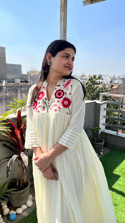 Blossom- Hand Thread Embroidery Mul Cotton Dress with Pant - White