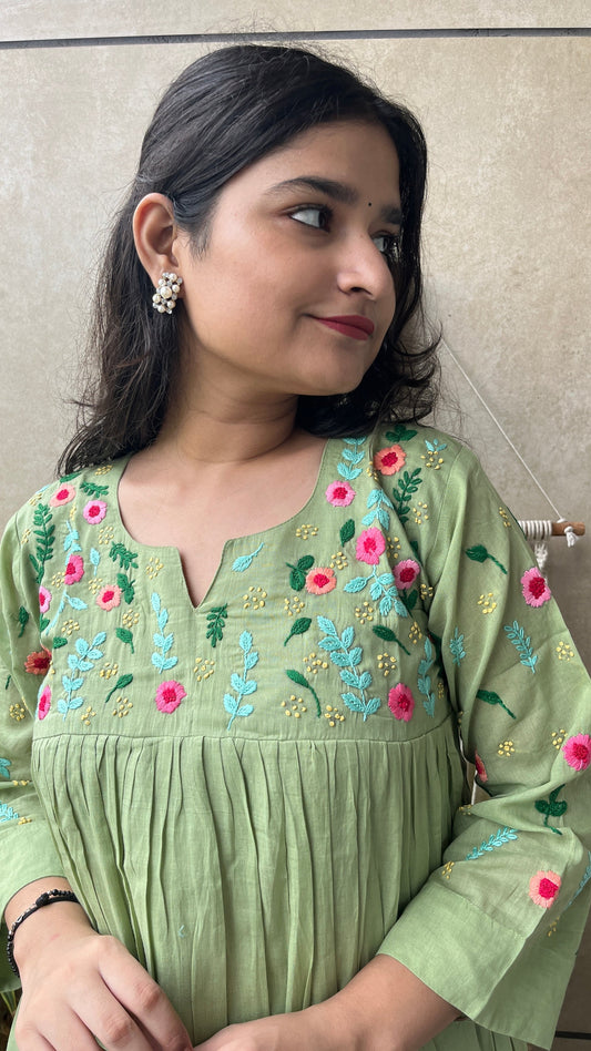 Pure Mul Cotton Dress With Pants - GREEN
