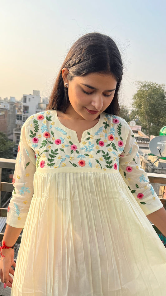 Pure Mul Cotton Dress With Pants - White