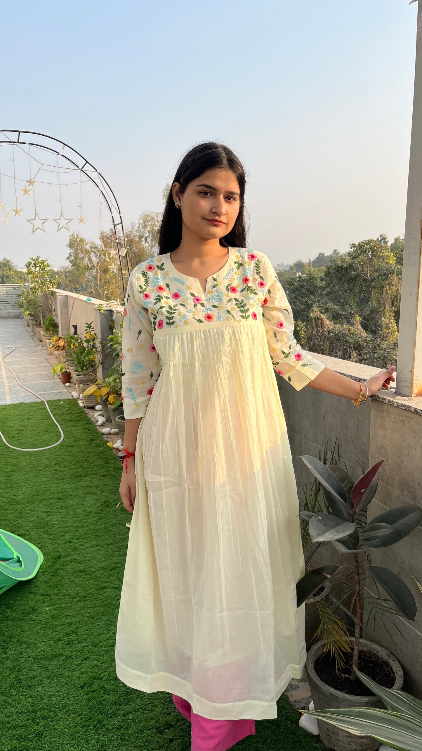Pure Mul Cotton Dress With Pants - White