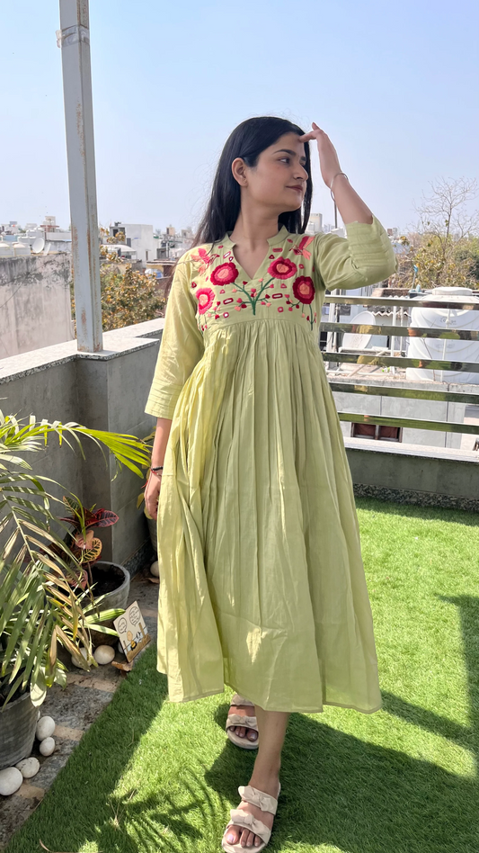 Blossom- Hand Thread Embroidery Mul Cotton Dress with Pant - Pastel Green