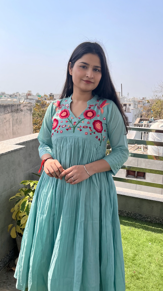 Blossom- Hand Thread Embroidery Mul Cotton Dress with Pant - Pastel Blue