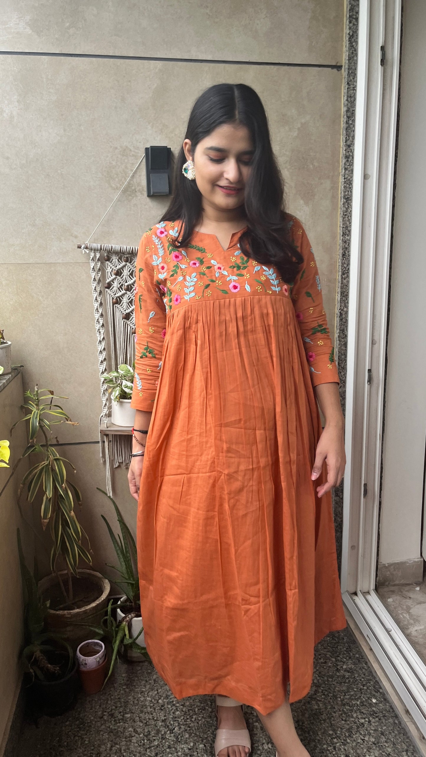 Pure Mul Cotton Dress With Pants - Burnt Orange