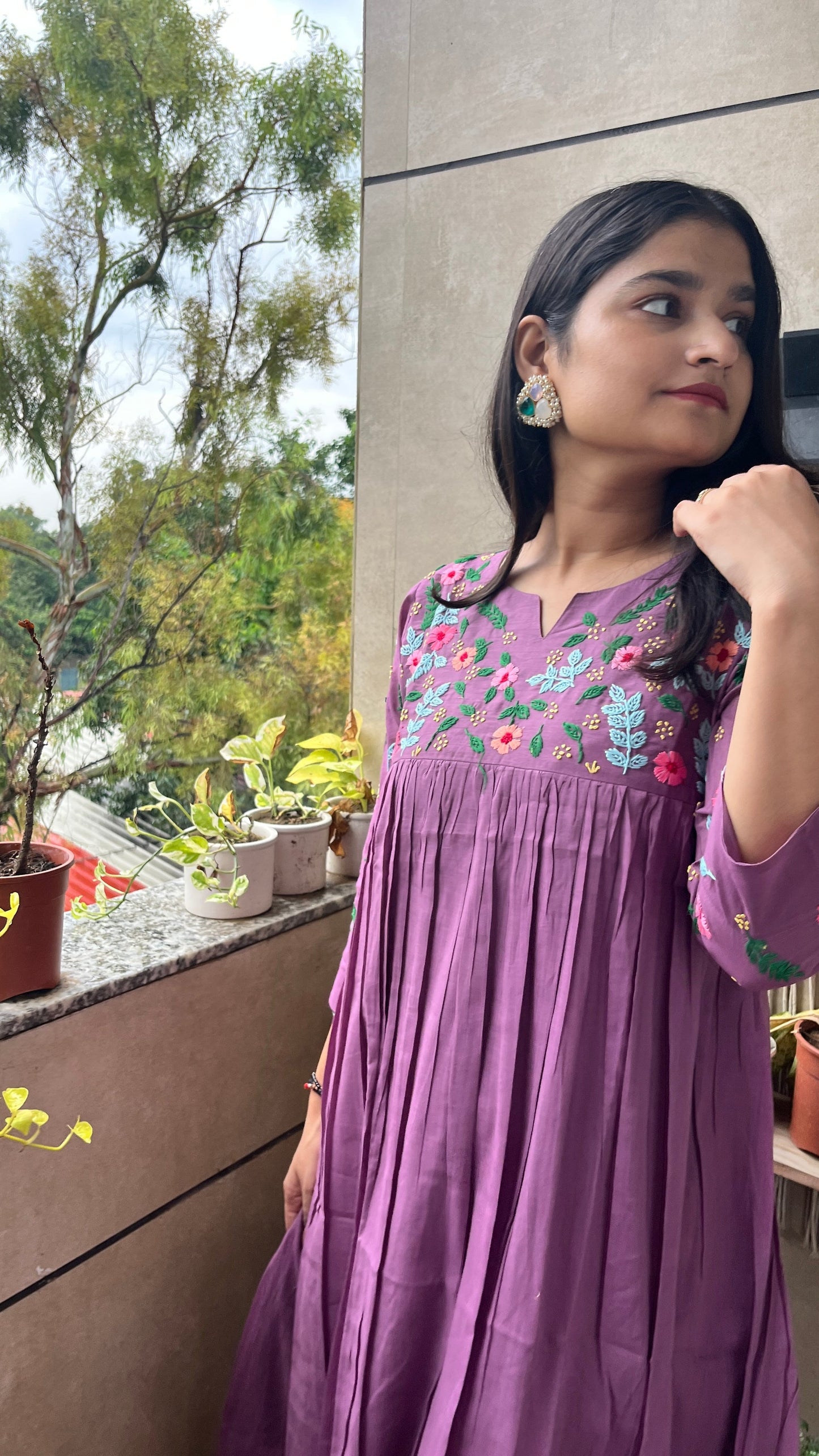 Pure Mul Cotton Dress With Pants - PURPLE
