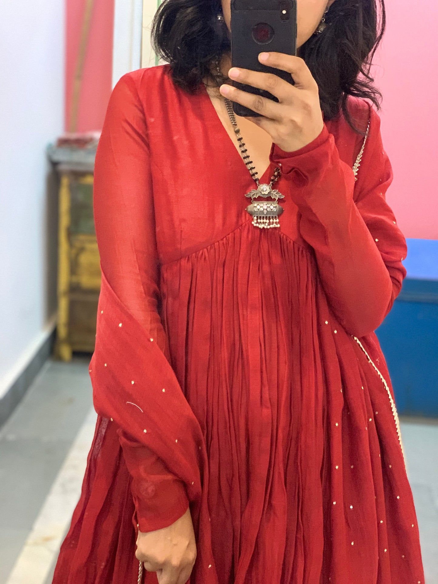 Red chanderi anarkali with churi sleeves Set of 3