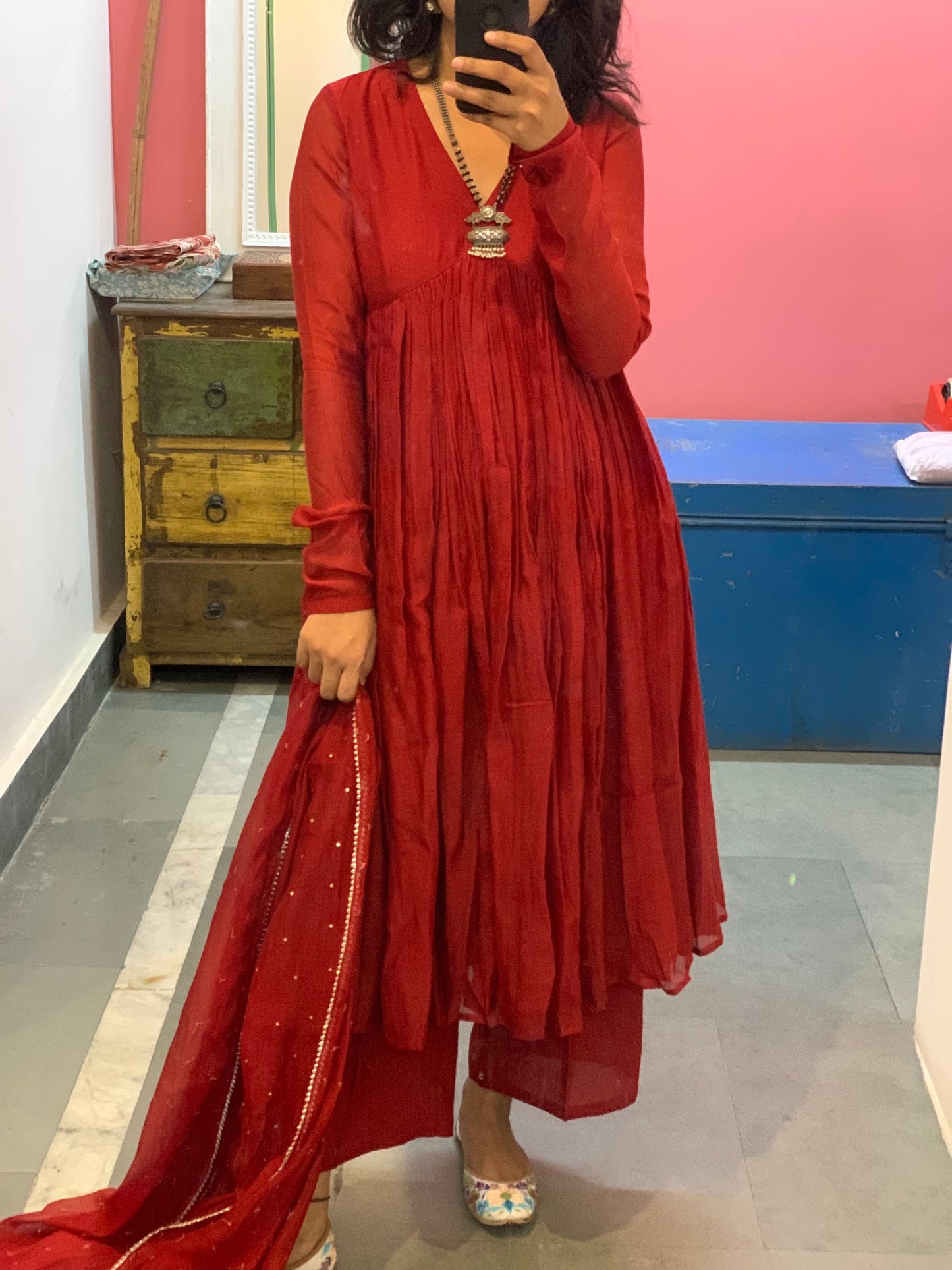 Red chanderi anarkali with churi sleeves Set of 3