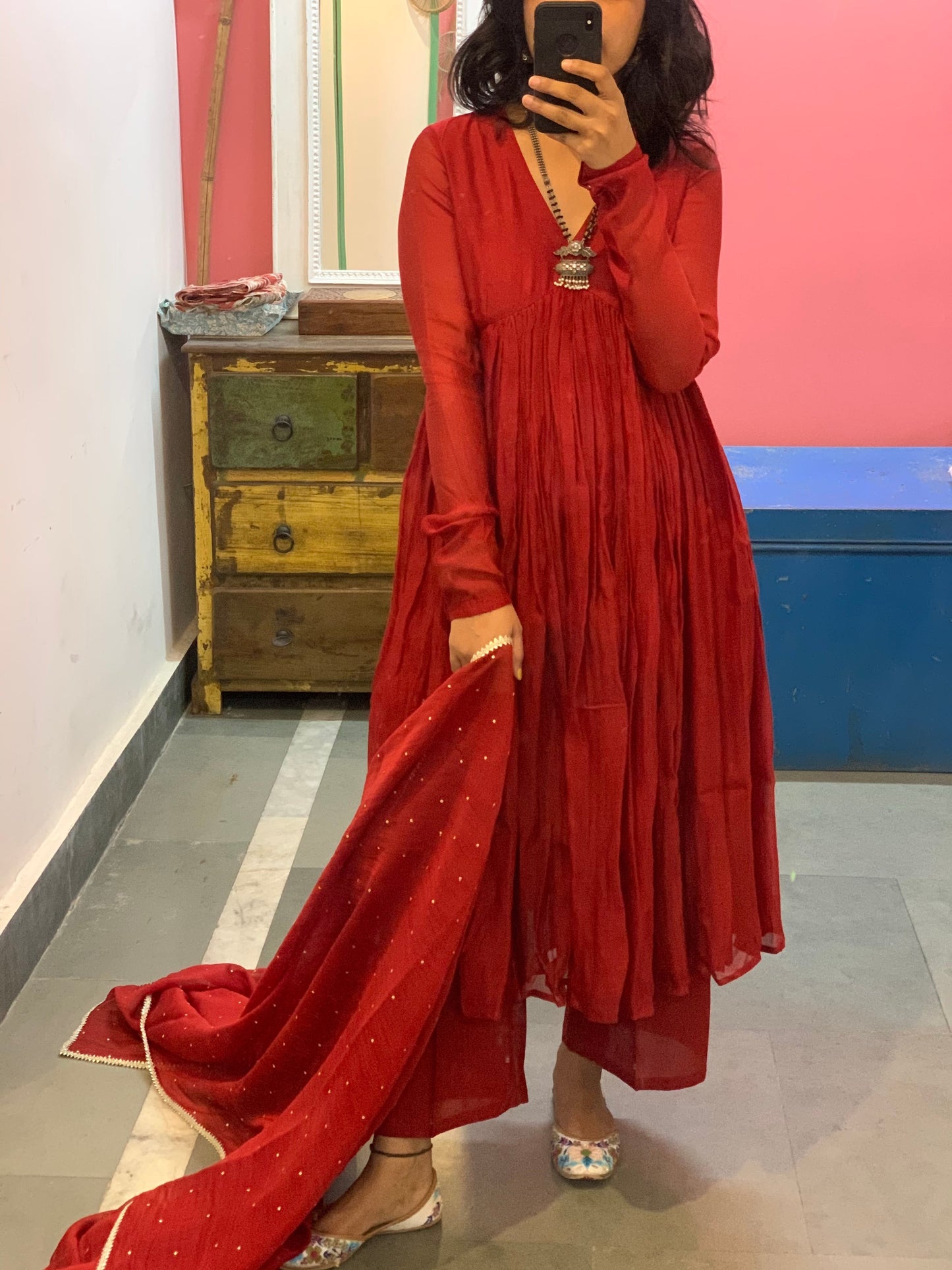 Red chanderi anarkali with churi sleeves Set of 3