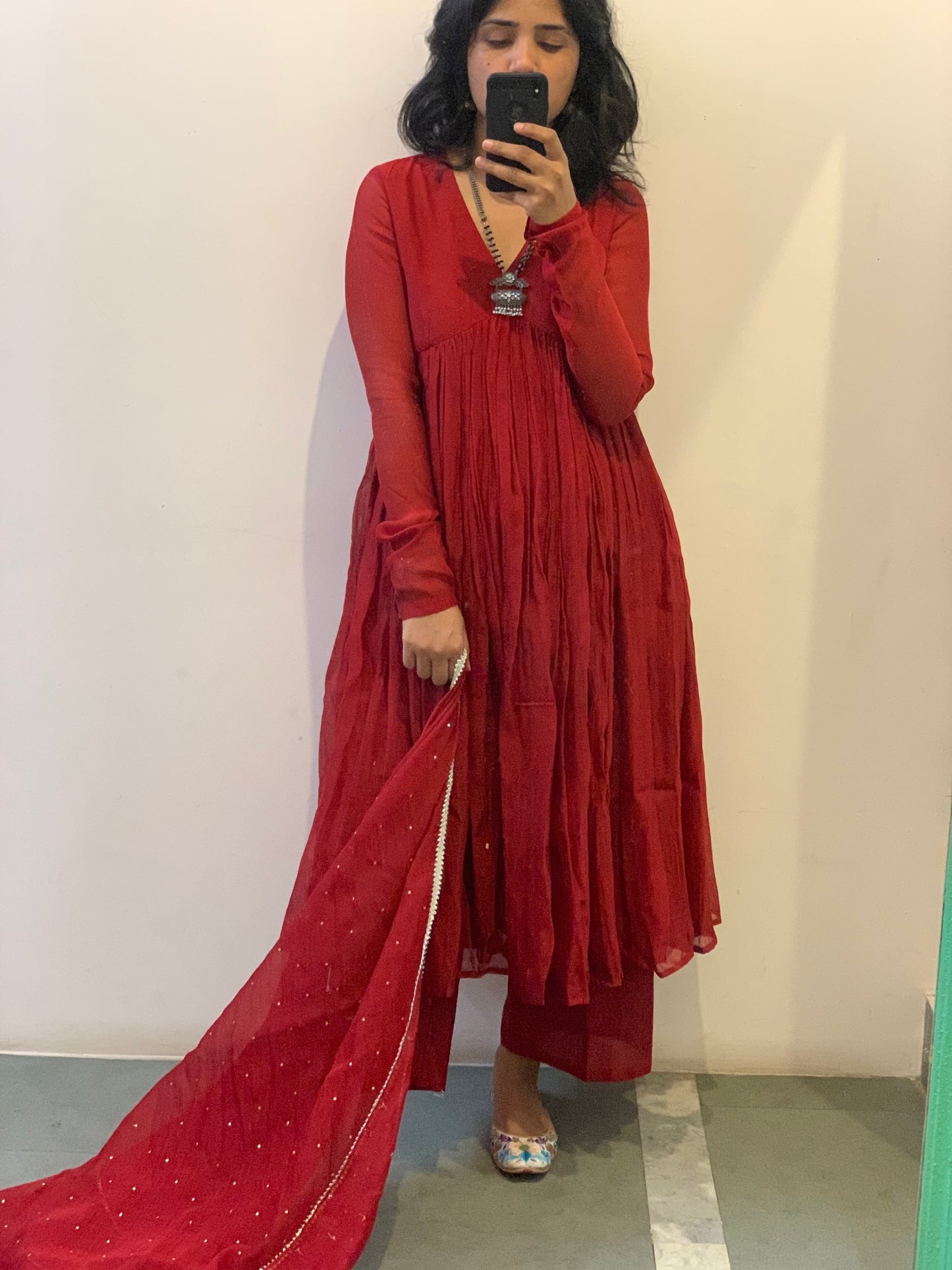 Red chanderi anarkali with churi sleeves Set of 3
