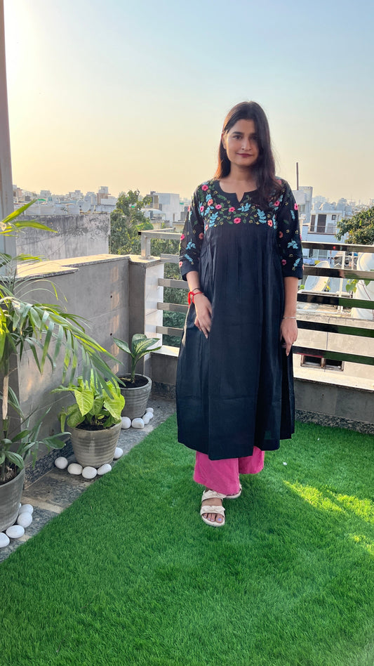 Pure Mul Cotton Dress With Pants - BLACK