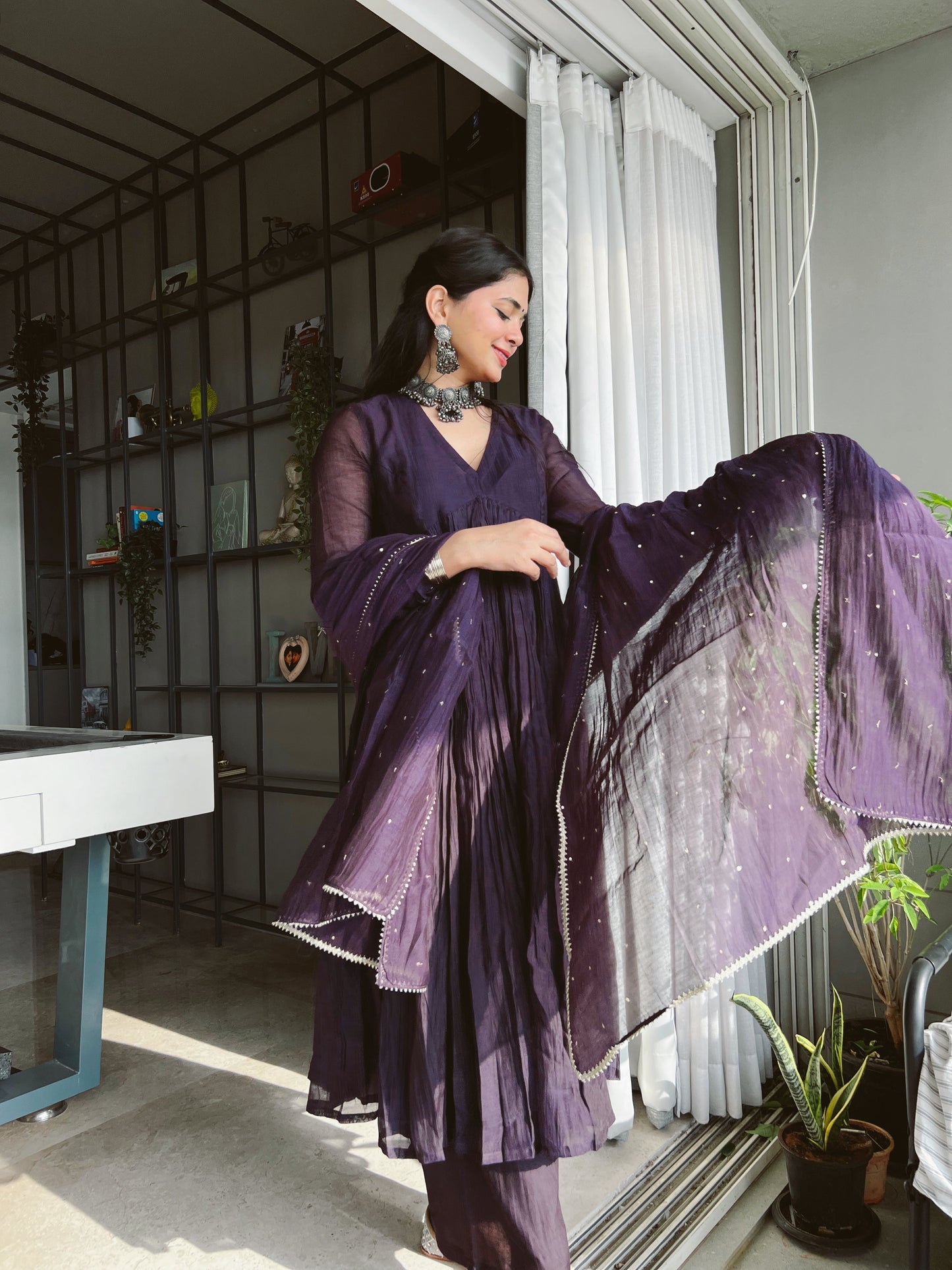 Purple chanderi anarkali with churi sleeves Set of 3