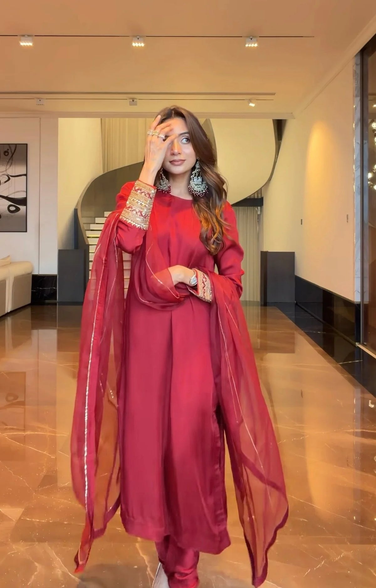 Pure Modal Silk Handwork Suit | Festive & Wedding Wear -Red