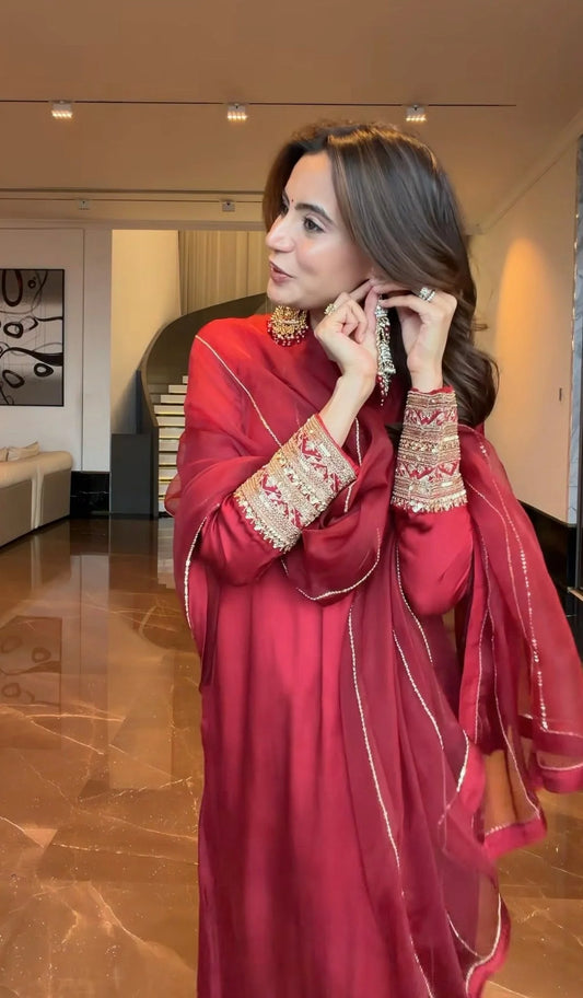 Pure Modal Silk Handwork Suit | Festive & Wedding Wear -Red