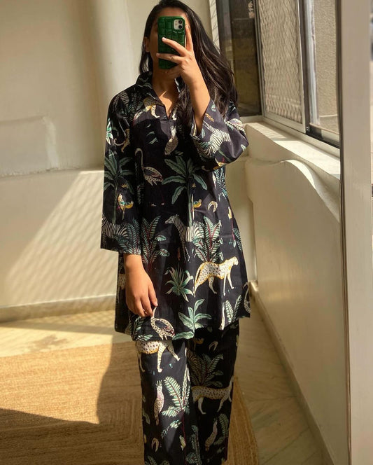 Animal Garden printed pure cotton coord set - Black