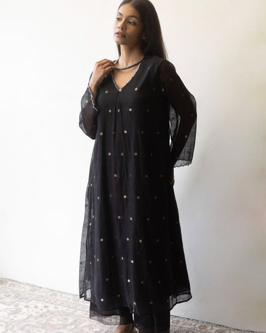 Black Silver Woven Dots Kurta Set