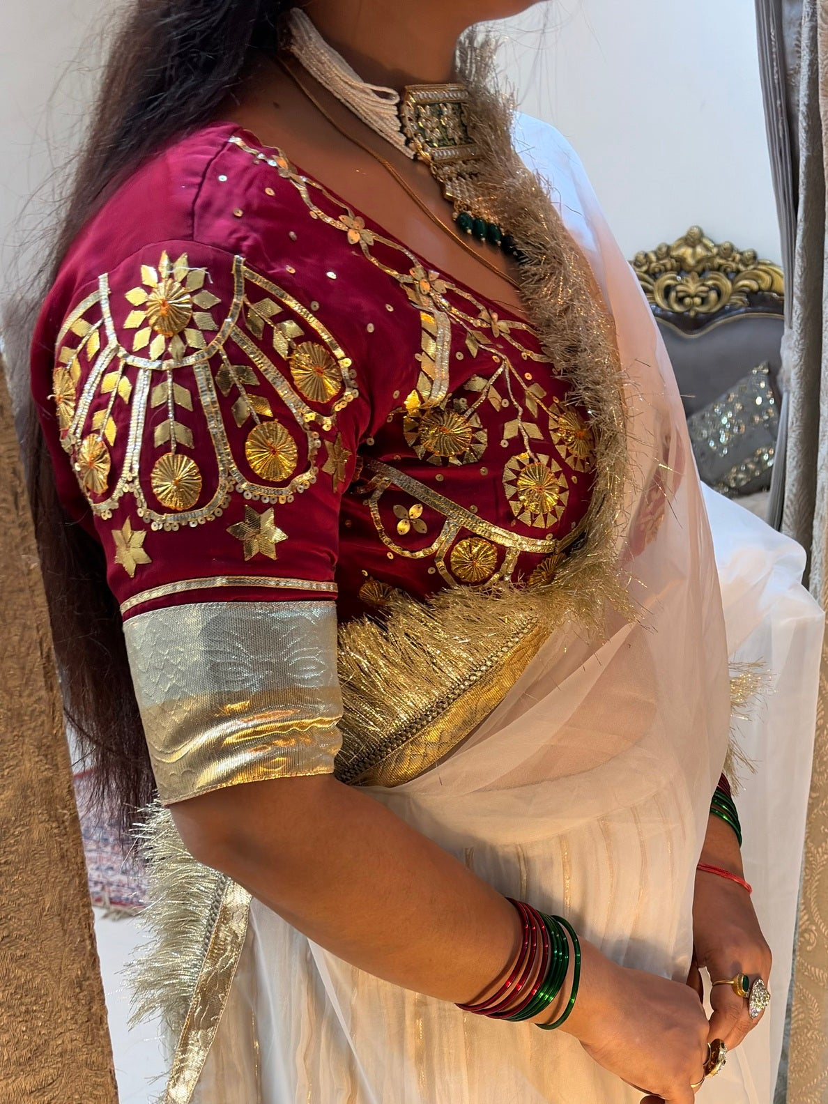 Pure Silk Aangi Blouse with Mul Chanderi Silk Lehenga & Organza Dupatta – Gulnaar Royale
