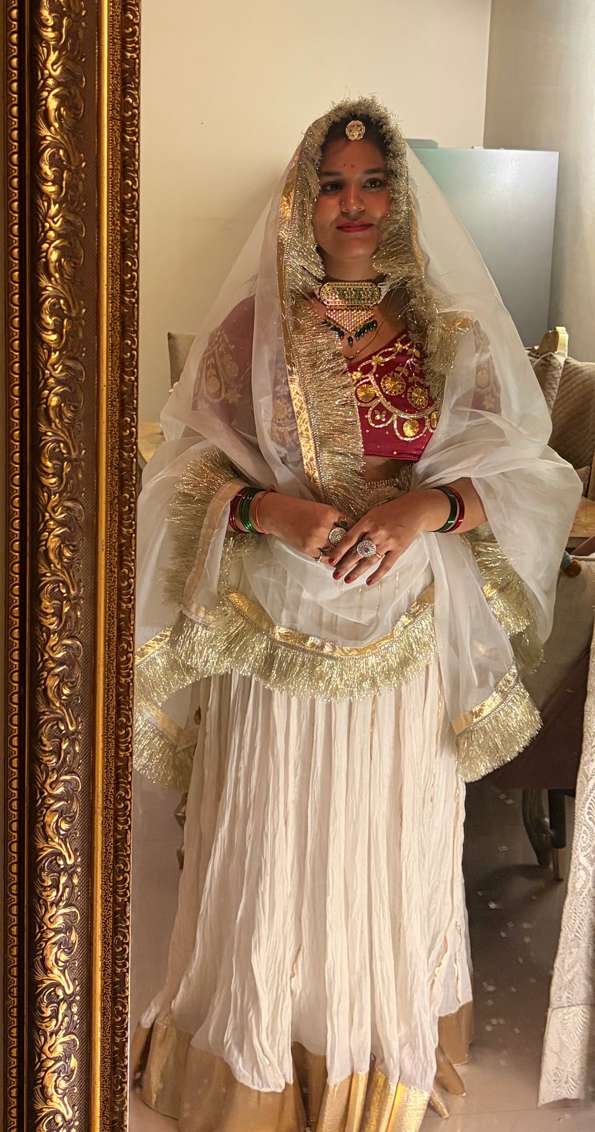 Pure Silk Aangi Blouse with Mul Chanderi Silk Lehenga & Organza Dupatta – Gulnaar Royale