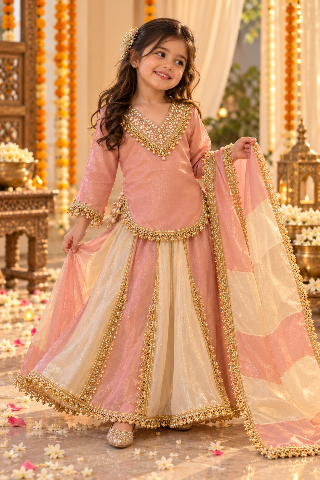 Girls Dusty Pink & Ivory Sharara Set - Gulabi Noor
