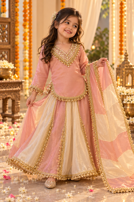 Girls Dusty Pink & Ivory Sharara Set - Gulabi Noor
