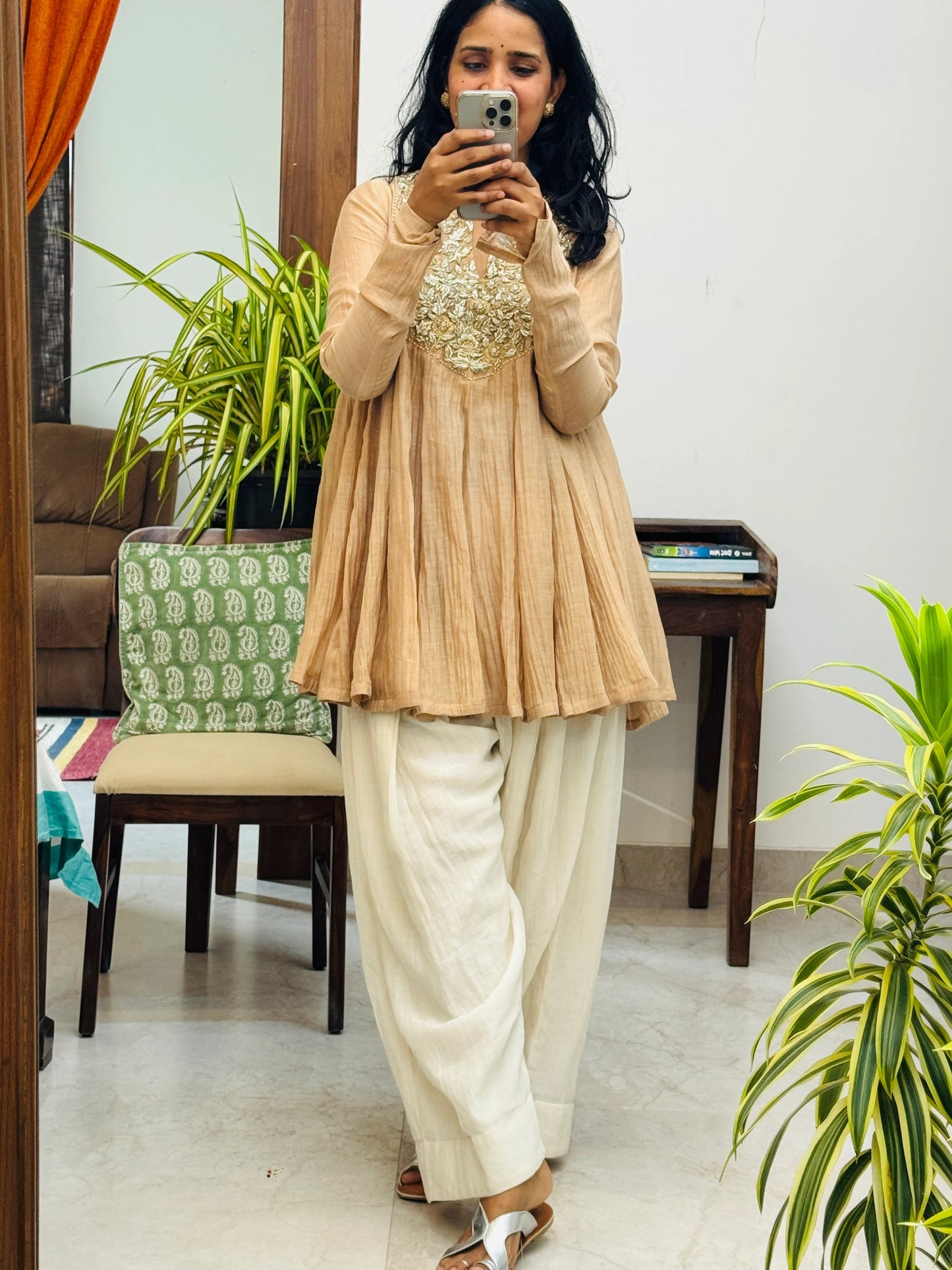 Beige Mul chanderi embroidered Short Anarkali with Farshi Salwar