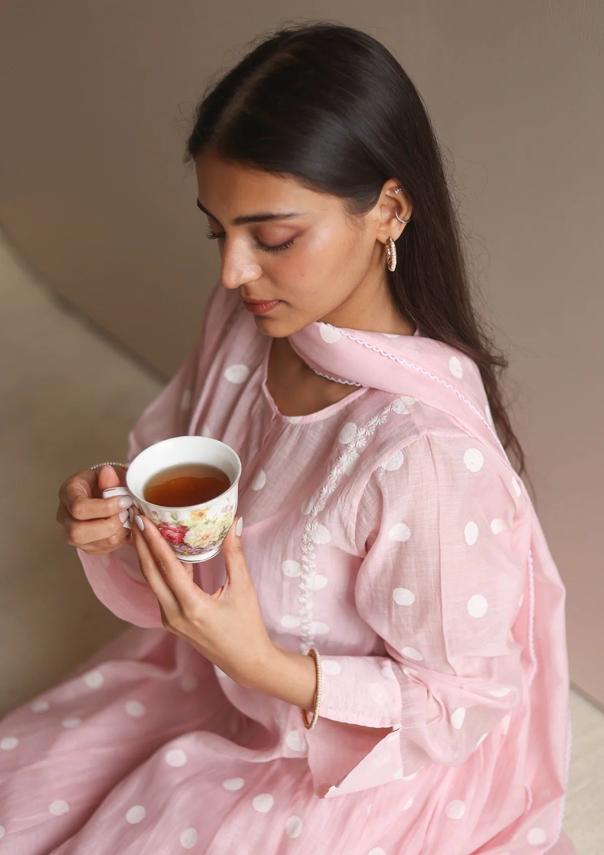 Pure Mul Chanderi Blush Polka Dots Kurta Set