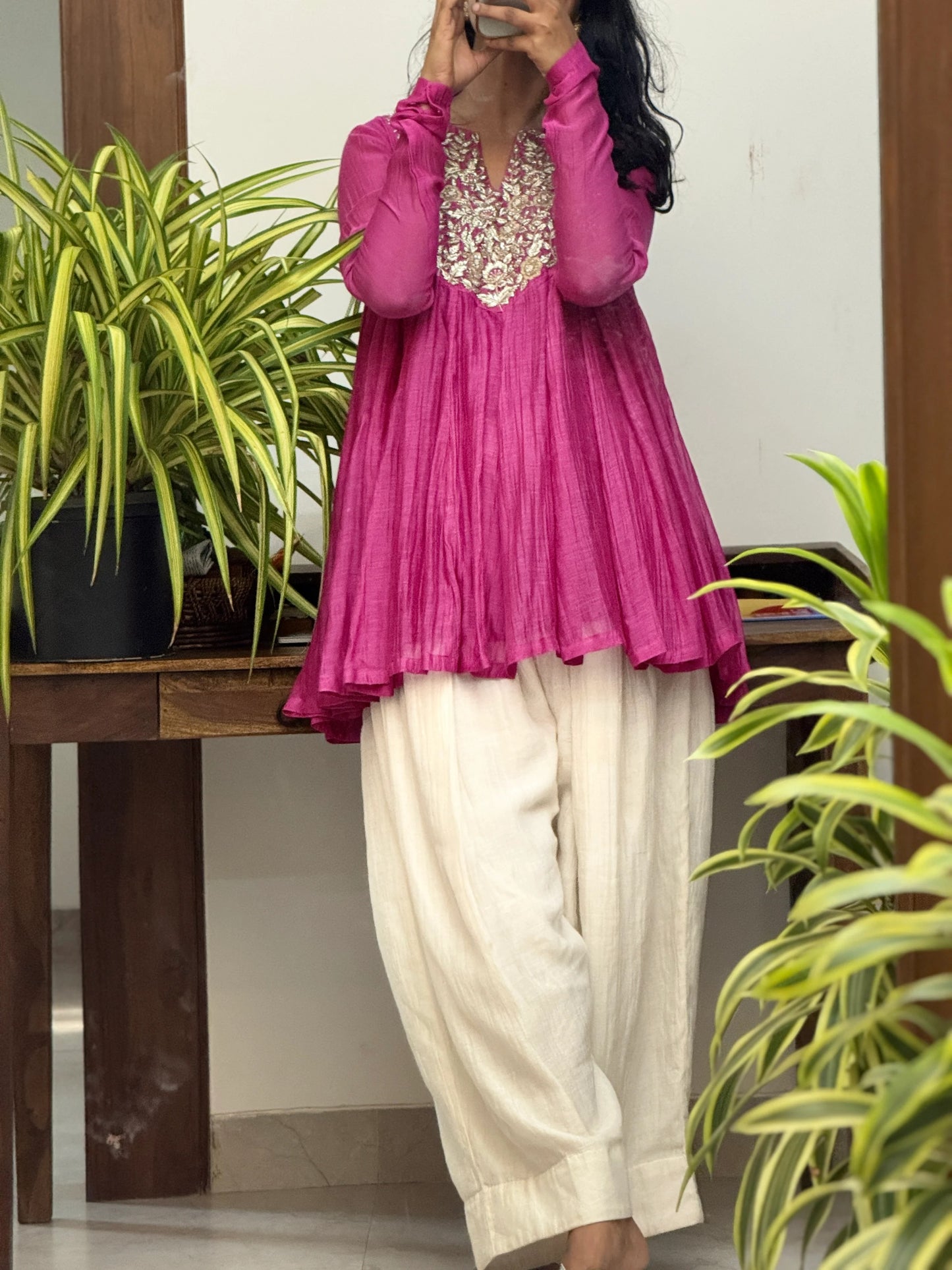 Fuschia pink Mul chanderi embroidered Short Anarkali with Farshi Salwar